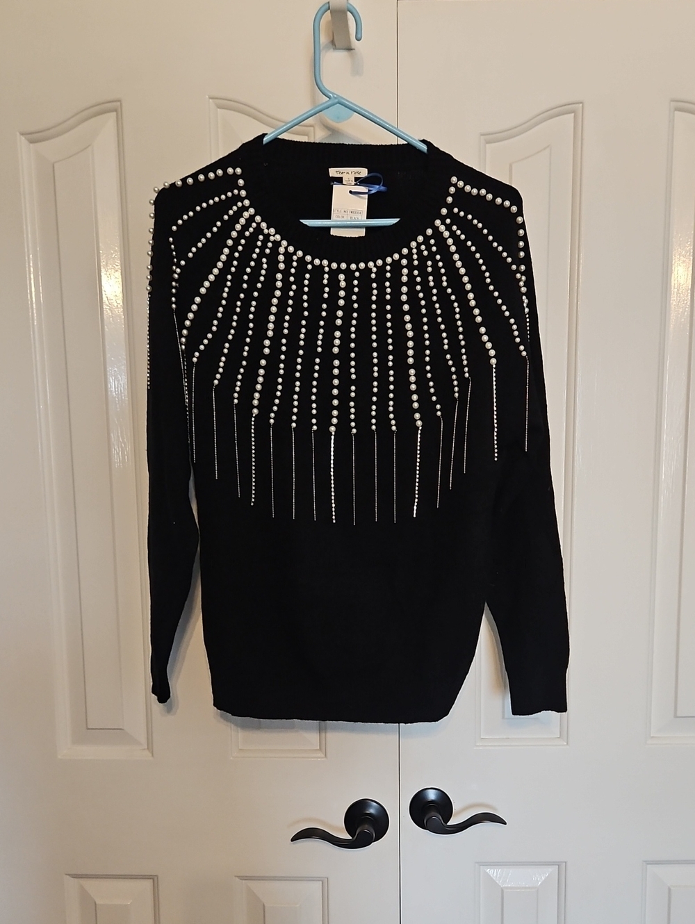 NWT tea n rose Black Crewneck Sweater with Pearl & Bead Detail